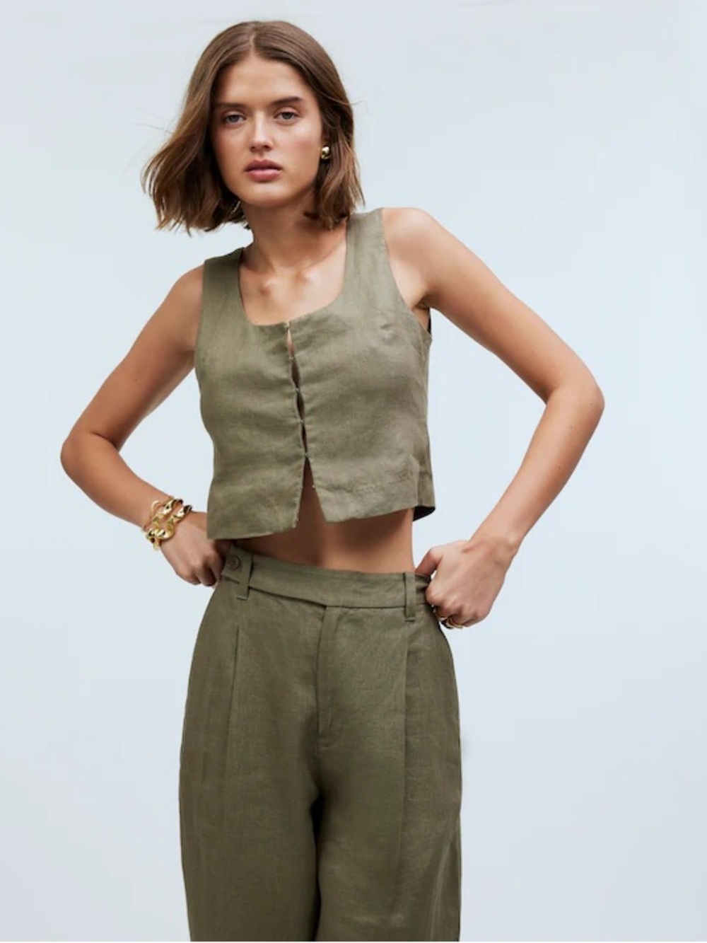 Madewell Harlow Linen Set Distant Surplus Olive Size 4 EUC